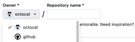 Uma captura de ecrã do menu suspenso sobre quem deve ser o dono do novo repositório.