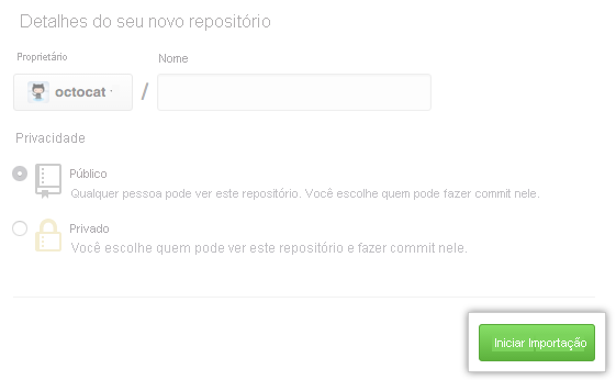 Captura de tela do botão Iniciar importação para uma nova importação de repositório.