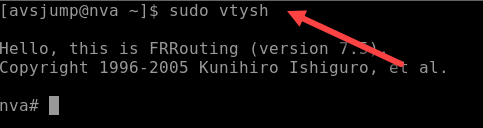 Imagem do pedido sudo na VM NVA. A imagem mostra o comando 'sudo vtysh' a ser executado.