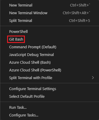 Captura de tela da janela do terminal do Visual Studio Code mostrando a lista suspensa de shell de seleção.