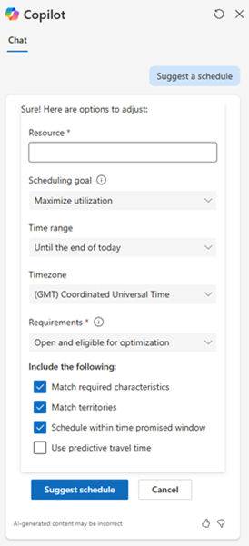 Captura de tela do painel lateral do Copilot no Serviço de Campo do Dynamics 365 mostrando um chat com um prompt para criar uma agenda para um técnico.