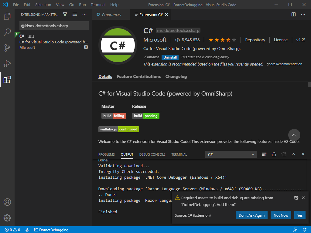 Captura de ecrã do prompt do Visual Studio Code para adicionar os ativos necessários para compilar e depurar o seu projeto .NET.