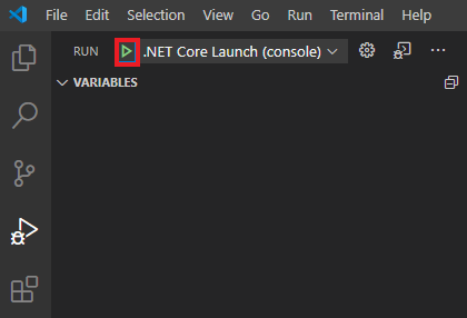 Captura de tela do botão Iniciar depuração no Visual Studio Code.