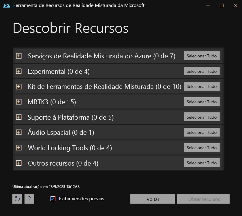Captura de tela dos principais grupos de pacotes na Mixed Reality Feature Tool.