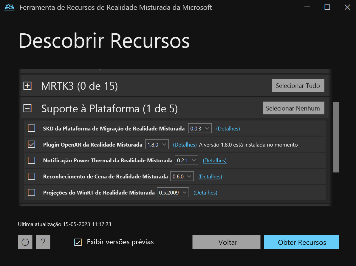 Captura de ecrã das seleções de pacotes na Ferramenta de Realidade Mista.