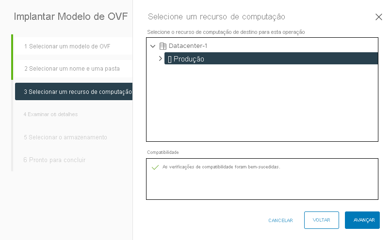 Captura de tela que seleciona o cluster vSphere no qual implantar o dispositivo VMware HCX Connector durante a implantação local.