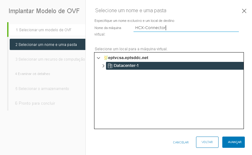 Captura de tela mostrando onde nomear o dispositivo VMware HCX Connector e onde selecionar o datacenter no vCenter Server local.