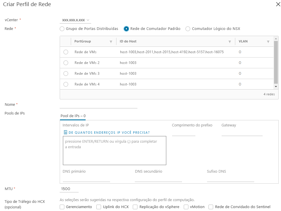 Captura de tela de como criar um perfil de rede no HCX Connector local.