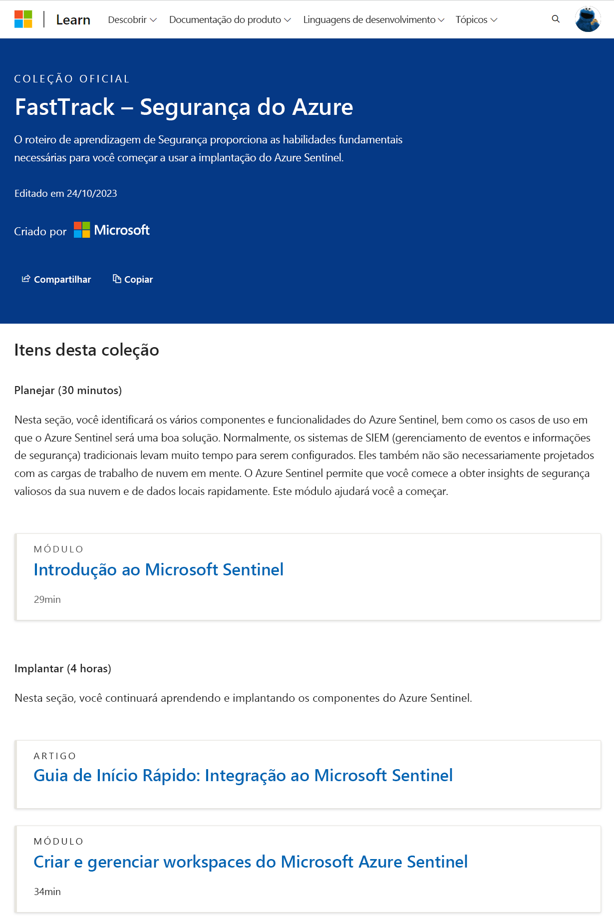 Captura de ecrã do FastTrack - Azure Security Official Collection pela Microsoft