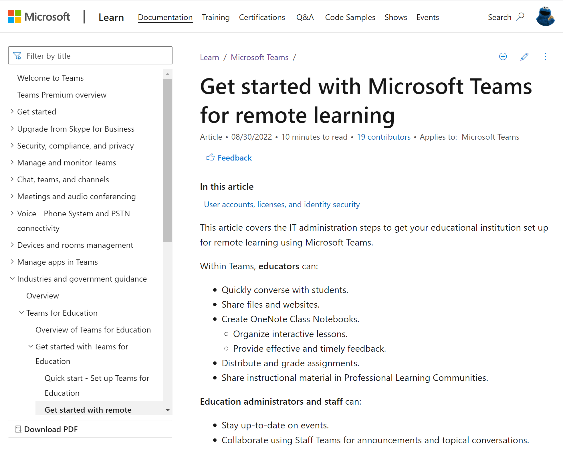 Captura de ecrã do artigo 'Comece a usar o Microsoft Teams para aprendizagem remota