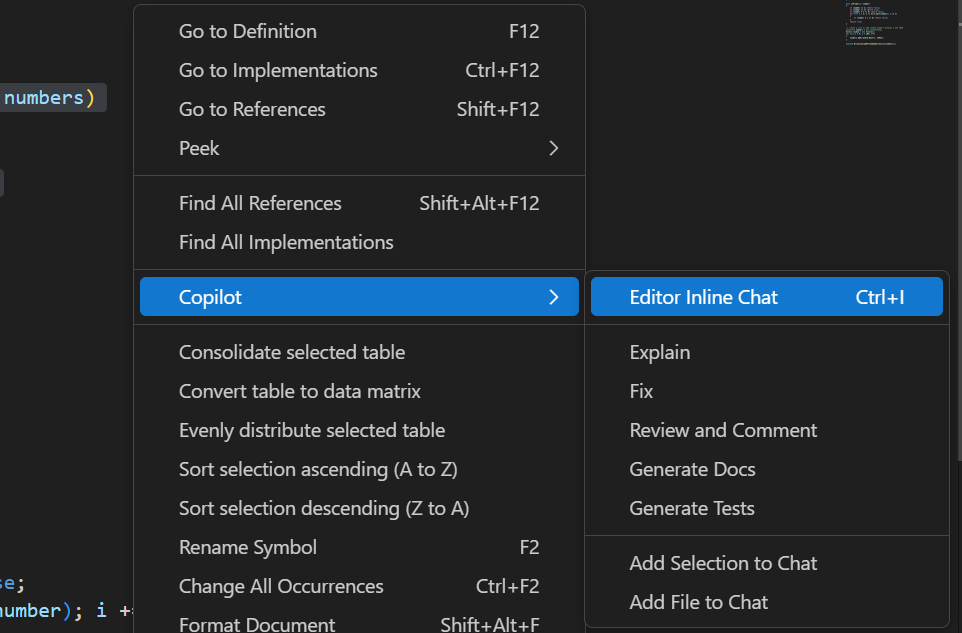 Captura de ecrã a mostrar como aceder ao chat inline a partir do menu GitHub Copilot em Visual Studio Code.
