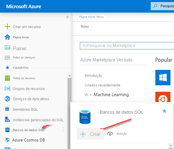 Captura de ecrã a mostrar a página Implementação da Base de Dados SQL do Azure no portal do Azure.