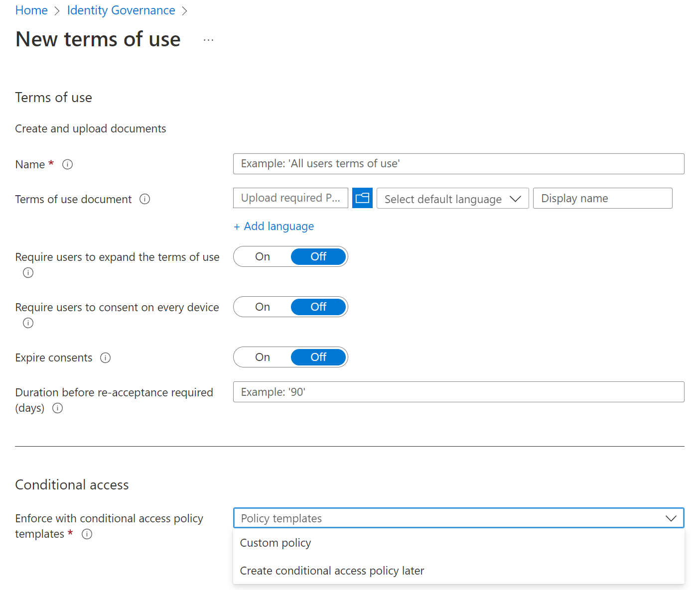 Captura de ecrã da caixa de diálogo Governação de Identidade para criar novos Termos de Utilização para as suas soluções na nuvem.