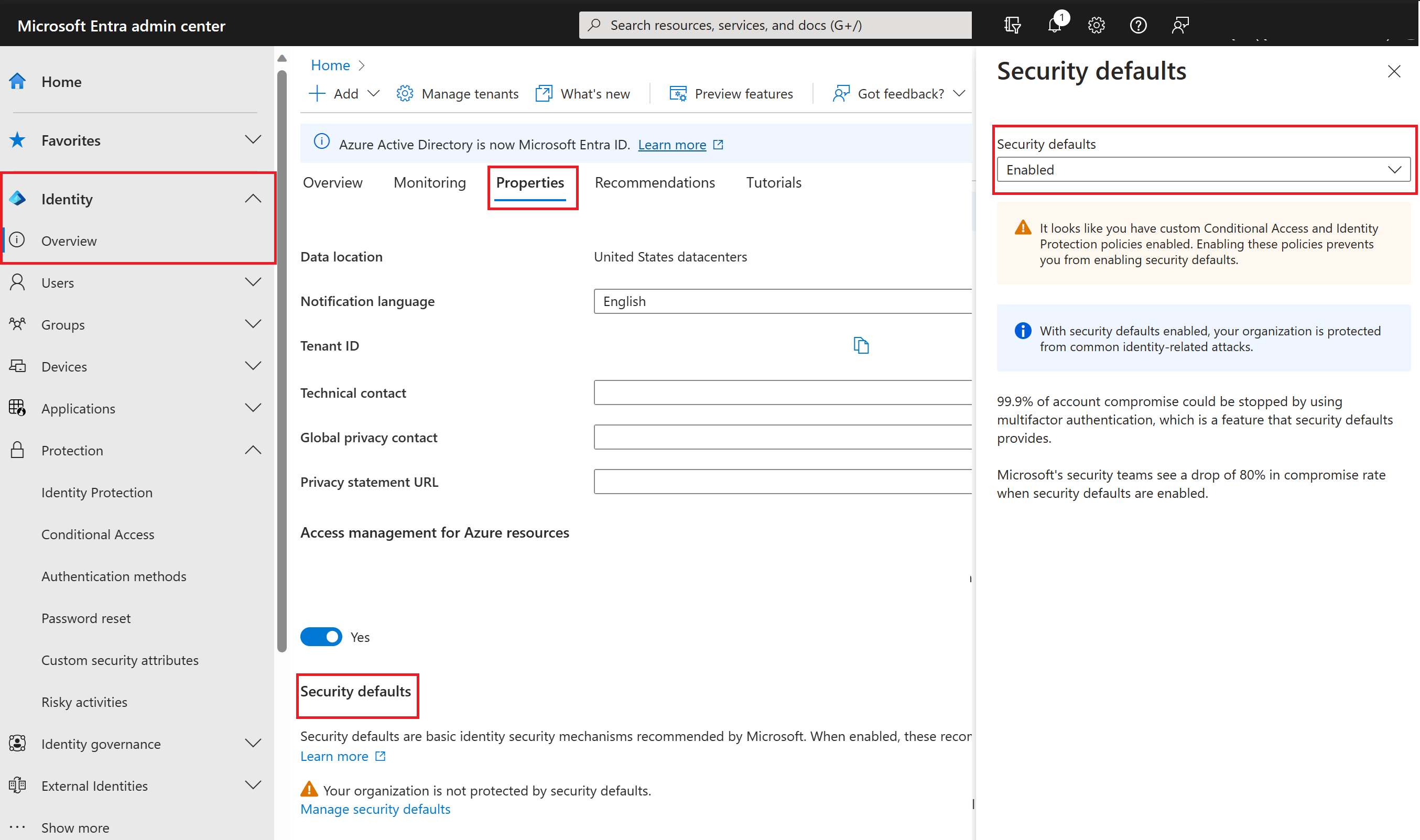 Captura de ecrã do centro de administração do Microsoft Entra com a alternância para ativar predefinições de segurança.