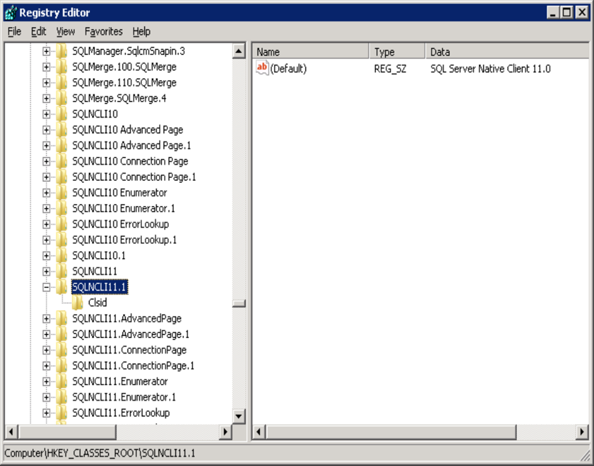 A captura de tela mostra o mapeamento entre o ProgID SQLNCLI11.1 e o nome do provedor SQL Server Native Client 11.0.