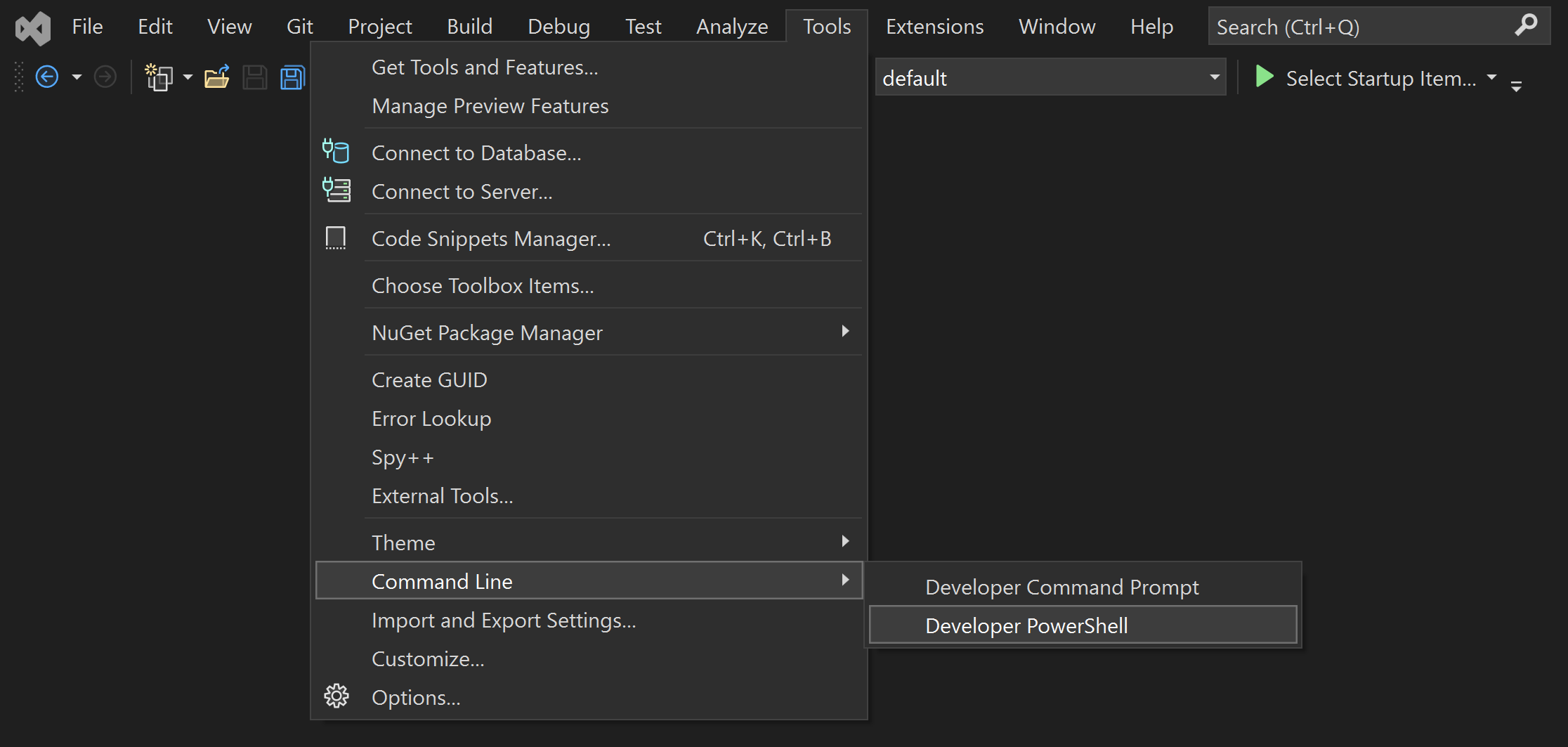 Abrindo o PowerShell do desenvolvedor integrado