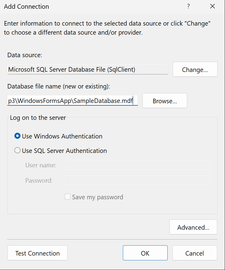 Captura de ecrã que mostra a caixa de diálogo Adicionar Ligação, ligando-se a um ficheiro de base de dados SQL.