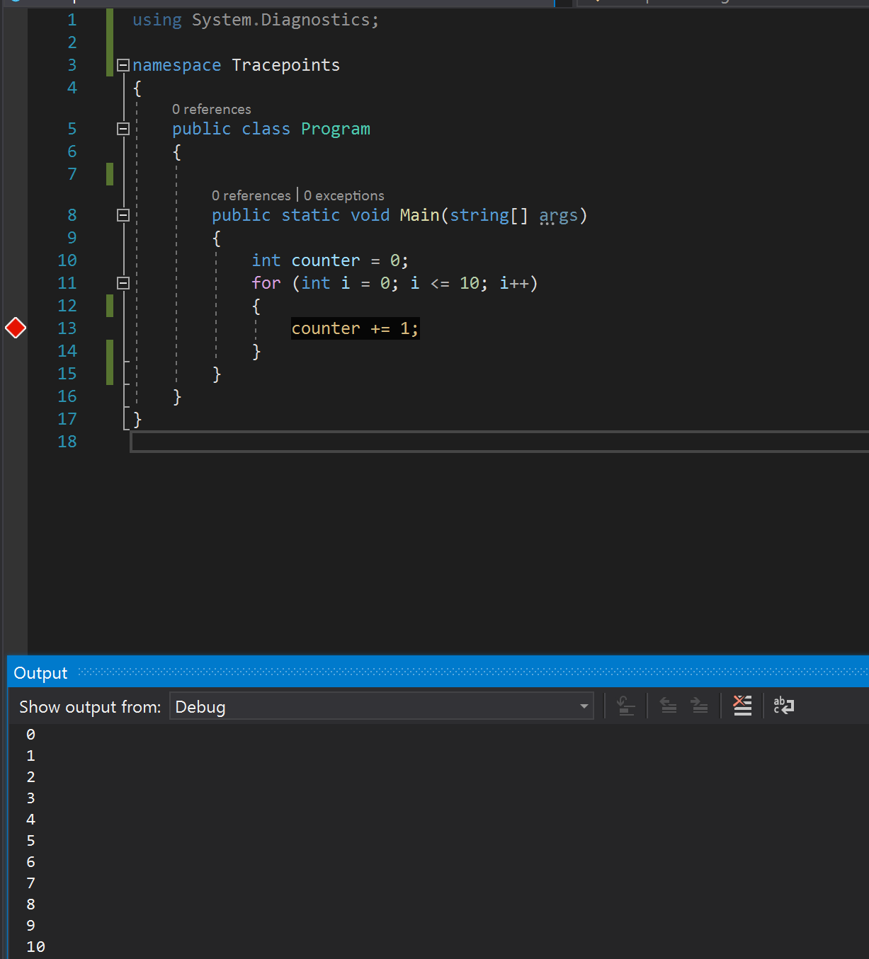 Captura de tela mostrando a mensagem de ações na janela de saída.