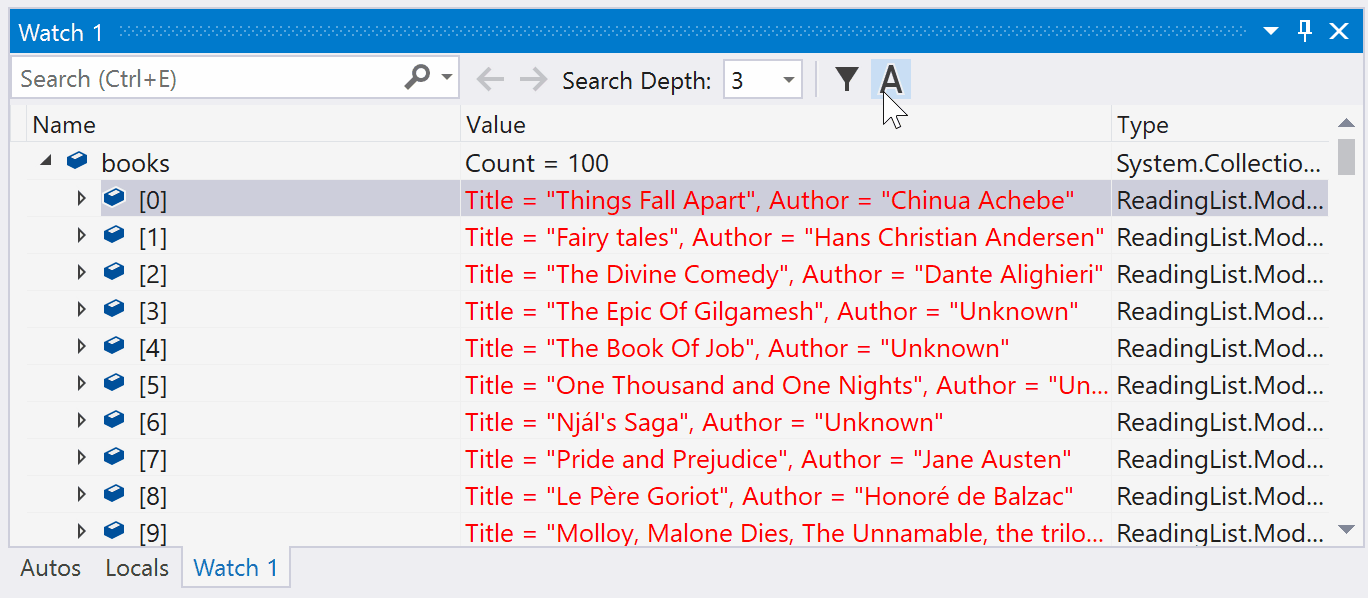 Captura de ecrã de Alternar entre nomes de propriedades.