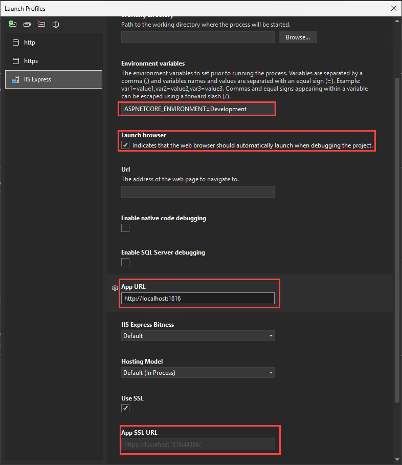 Captura de ecrã que mostra as definições do depurador ASP.NET Core.