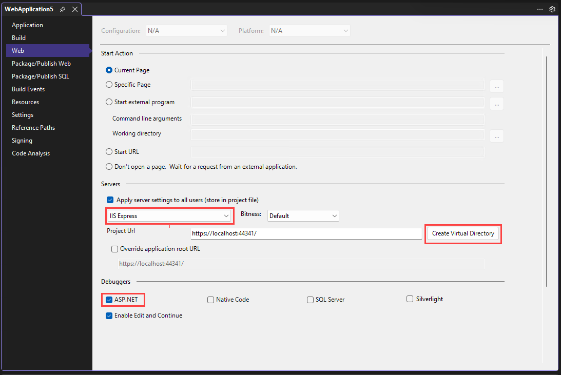Captura de ecrã que mostra definições do depurador do ASP.NET.