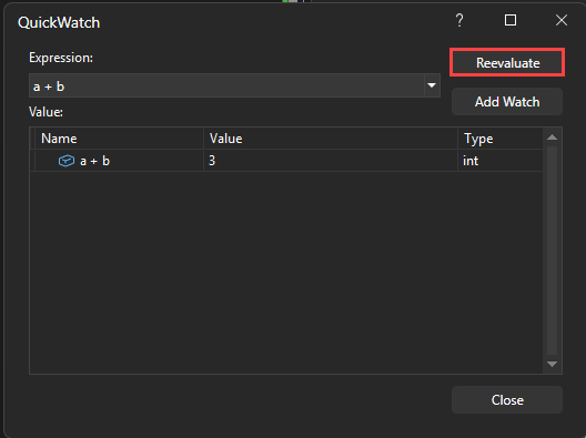 Captura de ecrã de uma expressão na janela do QuickWatch.