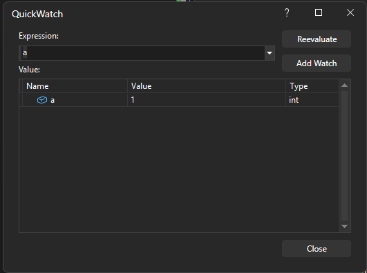 Captura de ecrã de uma variável na janela do QuickWatch.