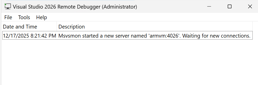 Captura de ecrã da janela de depuração remota para Visual Studio.