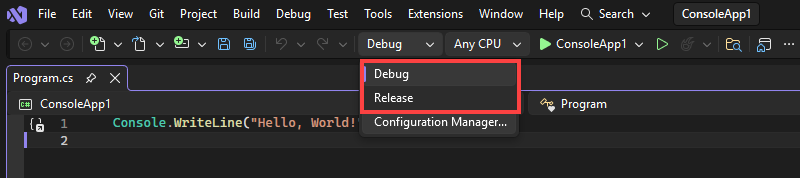 Captura de ecrã que mostra as configurações de build na barra de ferramentas.