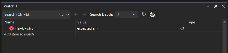 Captura de ecrã que mostra um erro na janela Watch.