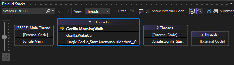 Captura de ecrã da vista Threads após F5.