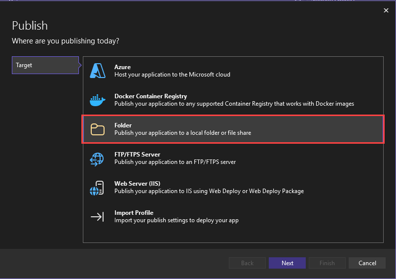 Captura de tela mostrando a opção de publicar em uma pasta realçada.