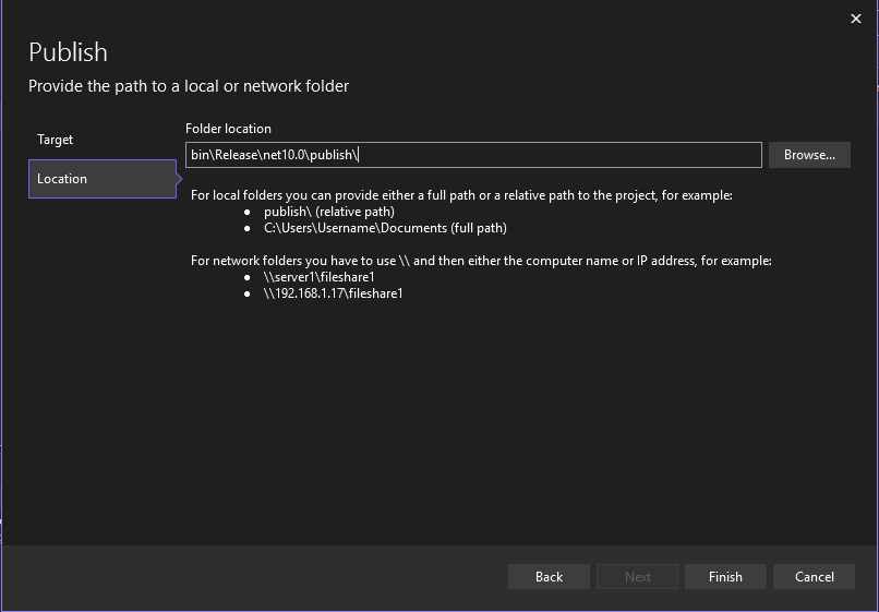 Captura de tela mostrando a tela do assistente de publicação para publicar na pasta.