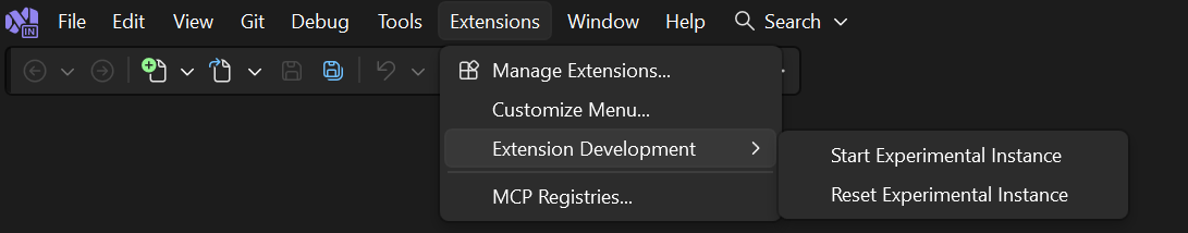 Captura de ecrã mostrando comandos de menu para reiniciar ou iniciar a instância experimental do Visual Studio.