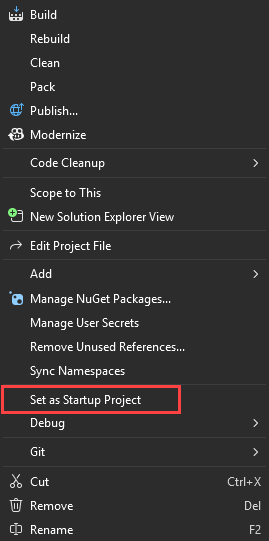Captura de ecrã que mostra a definição do projeto de arranque.