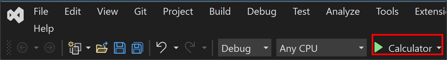 Captura de tela que mostra a seleção do botão Calculadora para executar a aplicação na barra de ferramentas de depuração.