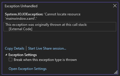 Captura de tela da janela Saída mostrando um System.IO.IOException com a mensagem, Não é possível localizar o recurso mainwindow.xaml.