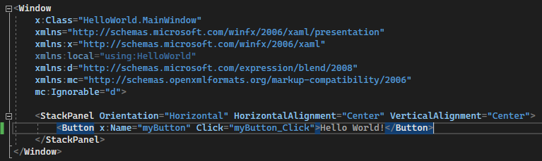 Captura de ecrã que mostra o código XAML do Botão no editor XAML no Visual Studio 2022, com o valor da propriedade Conteúdo alterado para Hello World!