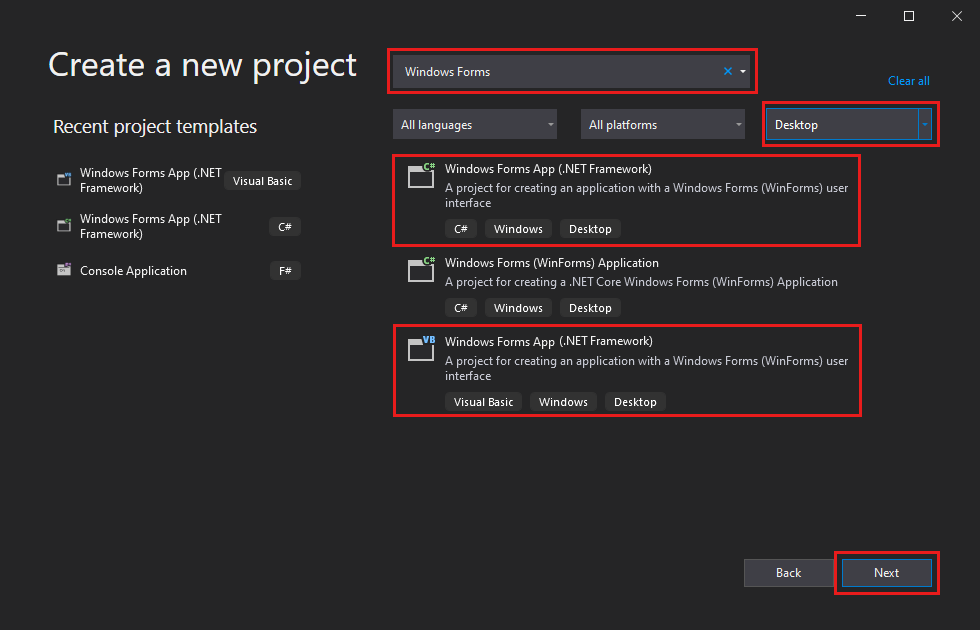 Captura de ecrã que mostra a caixa de diálogo Criar um novo projeto no Visual Studio 2022 com a caixa de pesquisa, a lista de tipos de projeto e dois modelos destacados.