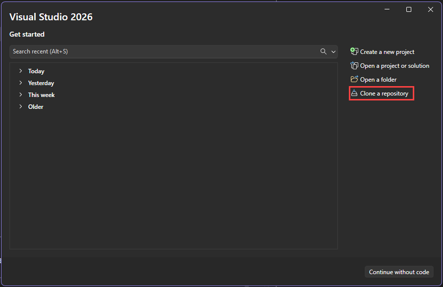 Captura de tela da caixa de diálogo Clone a Repository no Visual Studio.