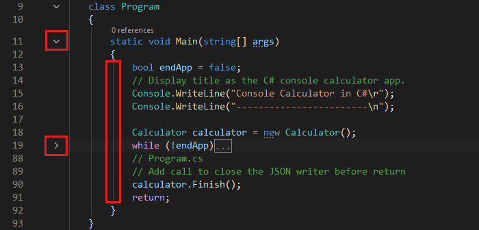 Captura de ecrã que mostra o Visual Studio IDE com caixas vermelhas.