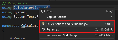 Captura de ecrã que mostra refatoração em Visual Studio.