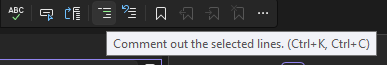 Captura de ecrã do botão de Comentar na barra de ferramentas do Editor de Texto no Visual Studio.