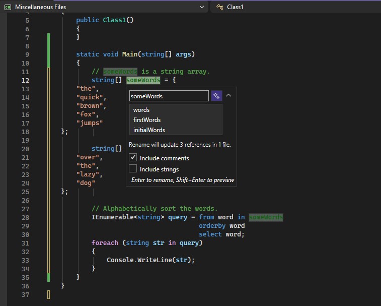 Captura de ecrã da caixa de diálogo de renomeação dentro do editor do Visual Studio.