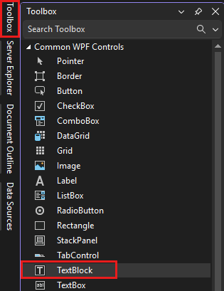 Captura de ecrã mostrando a janela Toolbox com o controlo TextBlock destacado na lista de Controlos de WPF Comuns.