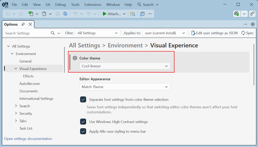  Captura de ecrã que mostra mudar o tema de cor para Cool Breeze em Visual Studio.
