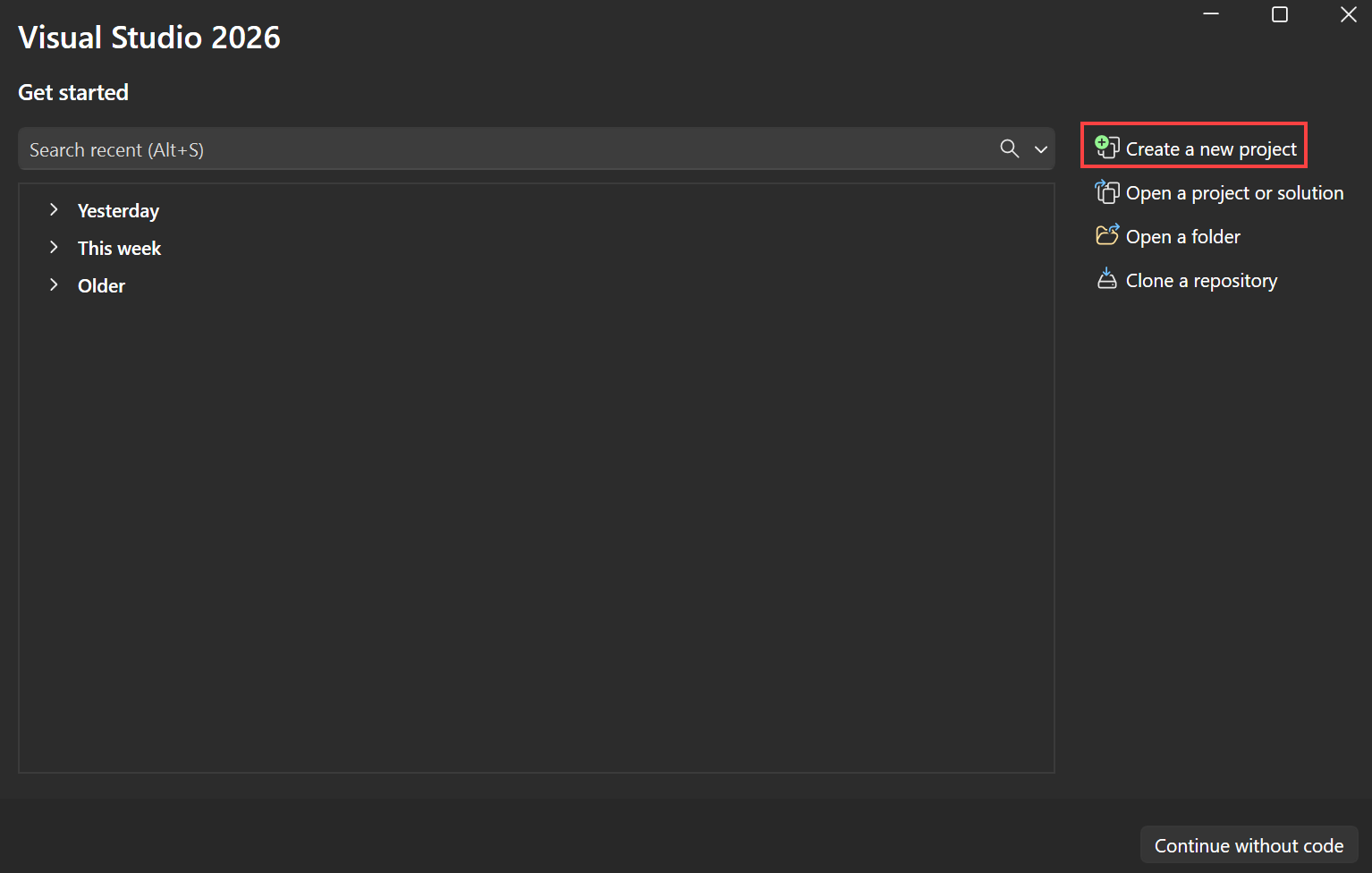 Captura de ecrã que mostra a janela inicial do Visual Studio com a opção Criar um novo projeto selecionada.