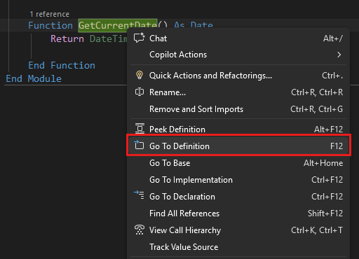 Captura de ecrã que mostra Ir para Definição em Visual Studio.