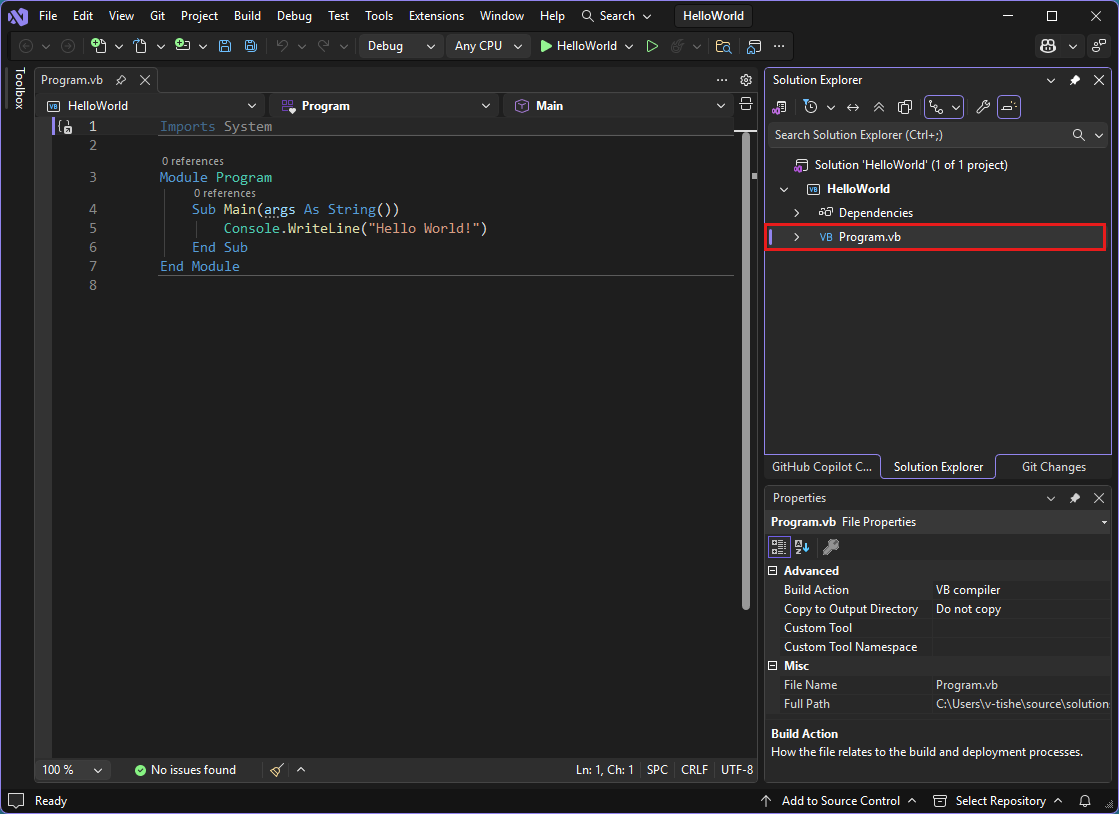 Captura de ecrã que mostra o Visual Studio IDE com o código Program.vb no editor.