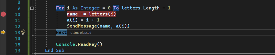 Captura de tela mostrando uma sessão de depuração no editor de código do Visual Studio com a execução pausada depois de passar sobre a chamada do método 'SendMessage'.